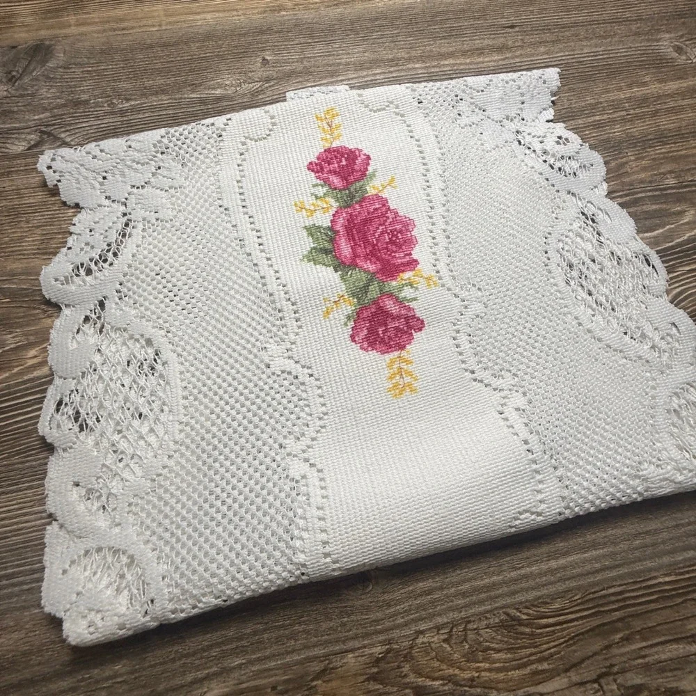 Vintage White Lace Table Runner Pink Rose Cross Stitch Floral Scalloped 46x16